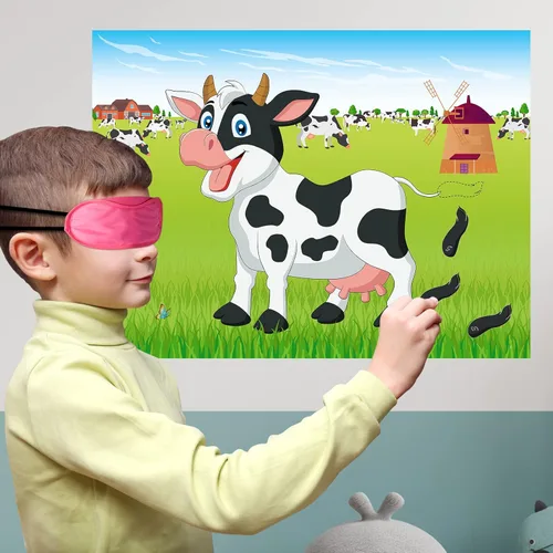 Miniatura 6 de Morcheiong Juego Pin The Tail on The Cow con 48 colas para decoraciones de fiesta de granja, recuerdos de fiesta de cumpleaños para niños