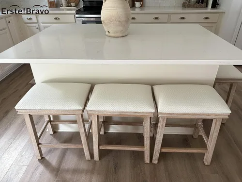 Miniatura 3 de Taburete de bar gris de madera maciza para encimera de cocina, taburete de bar con asiento de cuero sintético, taburete tapizado para isla de 34 a