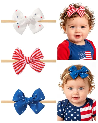 doboi 3PCS 4th of July Baby Girls Headbands Hair Bows Star Nylon Cotton Linen Hairbands Fine Handmade Hair Accessories for Newborn Infant Toddlers