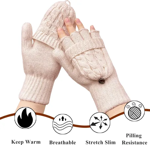 Miniatura 66 de Beurlike Guantes de invierno para mujer, de lana cálida, a prueba de viento, convertibles, sin dedos