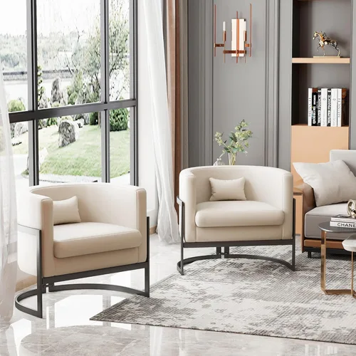Miniatura 3 de Silla Tapizada Moderna para Sala de Estar, Sillas de Acento Tipo Barril, Sillón de Cuero Sintético, Silla de Salón de Mediados de Siglo, Silla Beige