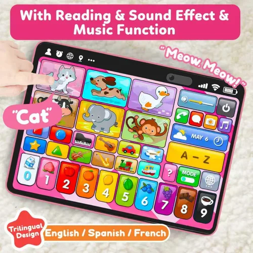 Miniatura 6 de Tableta de juguete educativo trilingüe con música y sonido, juguetes Montessori de terapia del habla para niña y niño de 1 año, juguete musical