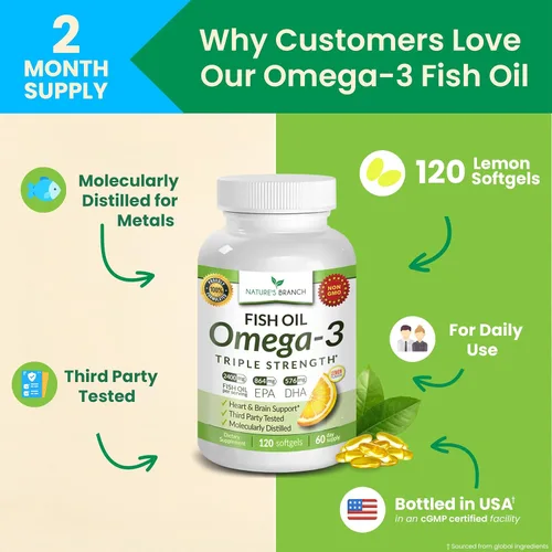Miniatura 4 de Aceite de pescado Omega 3 de triple fuerza para la salud del corazón, el cerebro y los ojos - Aceite de pescado EPA y DHA para hombres y mujeres