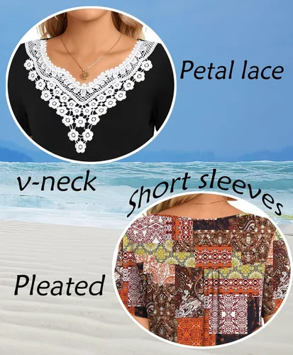 Miniatura 6 de CATHY Blusa de verano para mujer, manga corta, cuello en V, encaje de ganchillo, informal, plisada