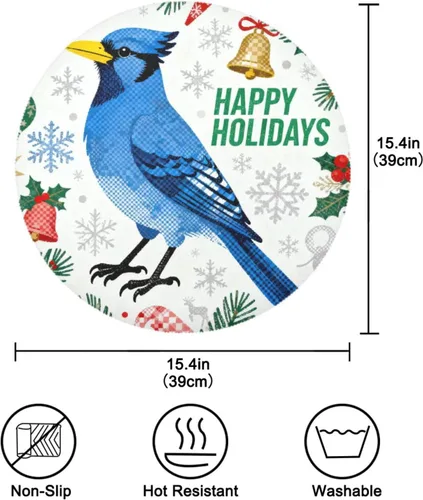 Miniatura 4 de Merry Christmas Robin Round Placement placemats and Coasters for Dining Table Set of 4 15x15 in mantelitos individuales para mesa