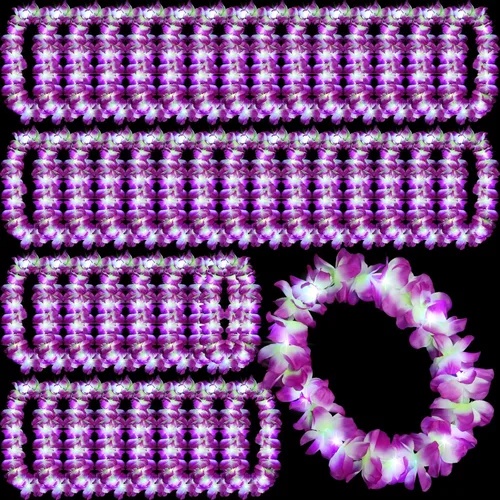 Sherr 48 piezas Collares de leis hawaianas LED con luces LED, collares de flores de Luau para mascarada, playa, boda tropical, suministros para