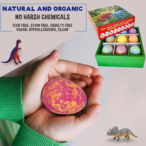 Miniatura 9 de Bombas de baño para niños con juguetes sorpresa en el interior, rompecabezas de dinosaurio, juego de 9 bombas de baño orgánicas de huevo de Huevo