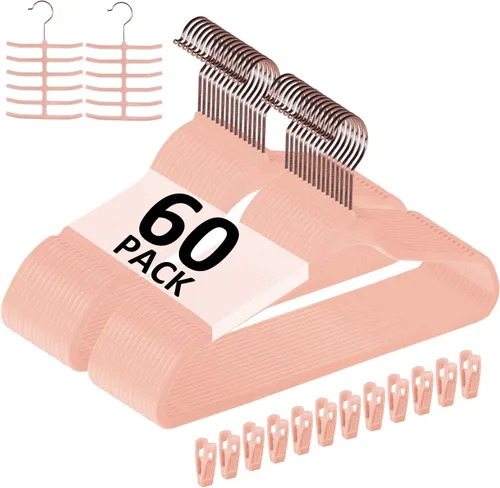 Miniatura 32 de VECELO Perchas de terciopelo de alta calidad resistentes (paquete de 60), antideslizantes y ahorran espacio con 8 clips para los dedos y soporte