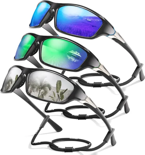 Miniatura 18 de Paquete de 3 lentes de sol deportivos polarizados para hombres, gafas de sol masculinas envolventes con protección UV para ciclismo, pesca