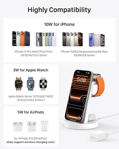 Miniatura 4 de Estación de carga 3 en 1 para iPhone, cargador inalámbrico para iPhone 17 16e 16 15 14 13 12 11 X Pro Max y Apple Watch - Estación de carga