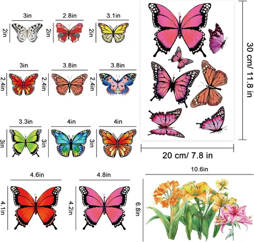 Miniatura 5 de Whaline 9 hojas de primavera de mariposa para ventana, decoración de ventanas de flora de mariposa colorida de verano, calcomanías reutilizables