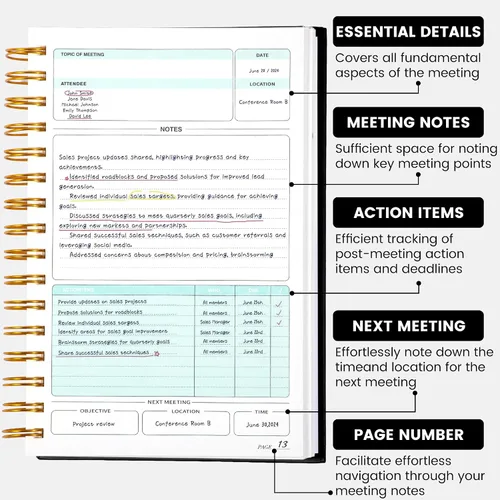 Miniatura 2 de Cuaderno de Reuniones para Trabajo con Elementos de Acción 5.5×8.5 Tapa Dura Espiral Planificador de Reuniones para Oficina Negocios Notas