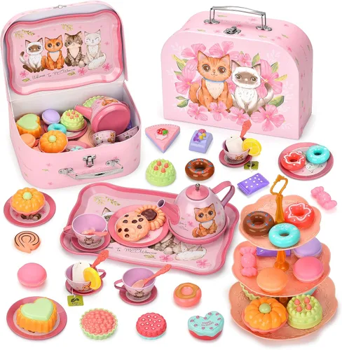 Juego de té para niña, juego de té de princesa de 50 piezas, juguete de cocina de simulación, juguete de aprendizaje de formas y colores para niños,