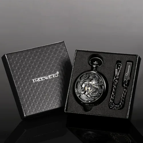 Miniatura 7 de Reloj de bolsillo mecánico de esqueleto para hombre, diseño de dragón fénix, caja negra con cadena + caja de regalo para hombre, Negro -, Mecánico