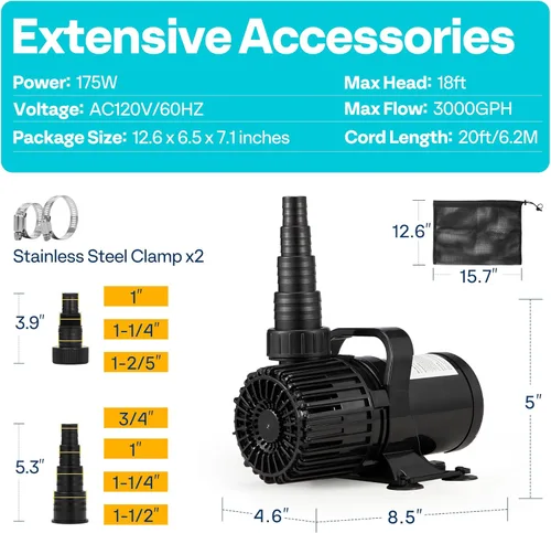 Miniatura 7 de VIVOHOME Bomba de agua sumergible de 175W 3000GPH con boquilla ajustable sin costuras de 180° y bolsa de barrera para estanque de peces koi