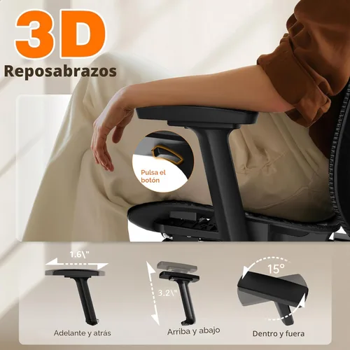 Miniatura 6 de GABRYLLY Silla de oficina ergonómica con reposapiés, silla de escritorio reclinable de 135° con soporte lumbar ajustable, reposabrazos 3D, Negro