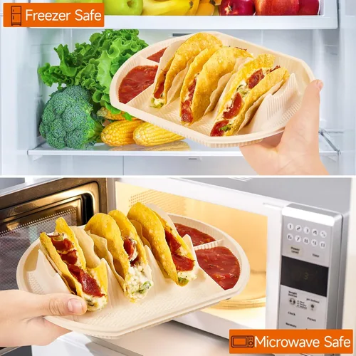 Miniatura 4 de 24 soportes desechables grandes para tacos para fiestas, platos de almidón de maíz, soporte para 3 tacos, 2 áreas de inmersión, bandejas de fiesta