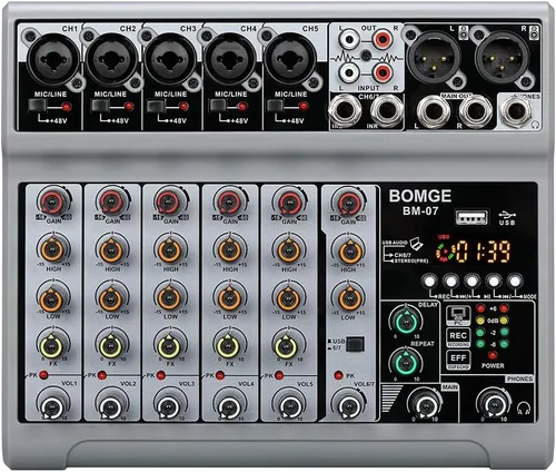 Miniatura 11 de BOMGE Mezclador de audio, consola de mezcla de tablero de sonido con 5 canales digitales USB Bluetooth, efecto de eco y retardo, alimentación