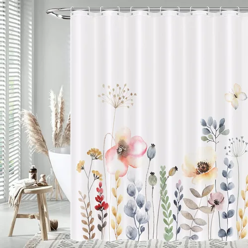 Miniatura 10 de Juego de cortinas de ducha – Cortina de baño floral con flores azules y beige, cortina de ducha para baño, juego de cortina de ducha de tela
