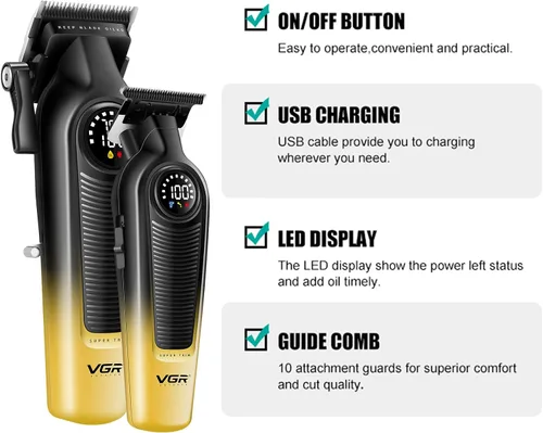 Miniatura 2 de VGR Juego de cortapelos para hombres y recortadora de cabello, combo de peluquero inalámbrico con pantalla LED, cuchillas de cerámica y titanio