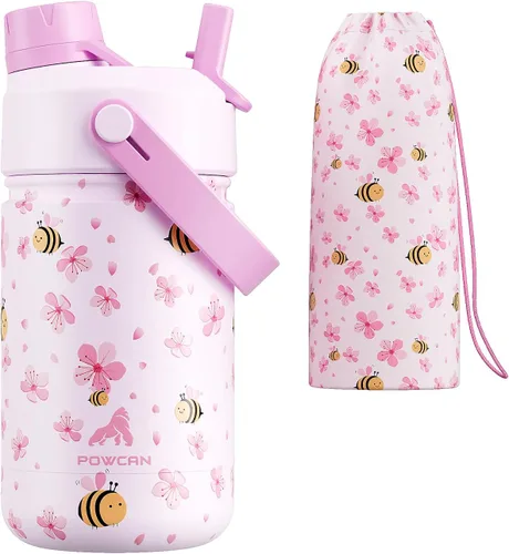Botella de agua de acero inoxidable para niños de 12 onzas: tapa de boquilla de popote 2 en 1, a prueba de fugas, sin BPA, fácil de limpiar,