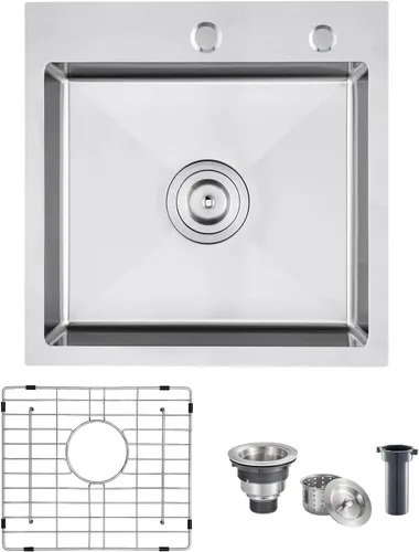 POPFLY Fregadero de cocina de 18 pulgadas, acero inoxidable 304, montaje superior, hecho a mano, cuenco individual con 2 agujeros, fregadero de