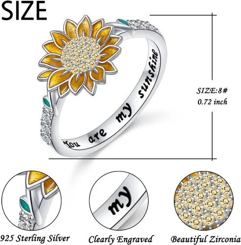 Miniatura 4 de Anillo de girasol de plata de ley 925 con circonita cúbica con texto en inglés "You are My Sunshine", anillos de flores para mujeres, mamá, esposa