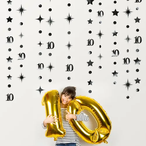 Miniatura 3 de Decoraciones negras de cumpleaños número 10, guirnalda de estrellas centelleantes con diseño de círculos, telón de fondo metálico para niñas, niños
