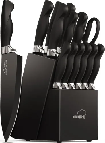Juego de Cuchillos, Amorston 15 Piezas Juego de Cuchillos para Cocina con Bloque, Apto para Lavavajillas Juego de Cuchillos de Cocina con Bloque