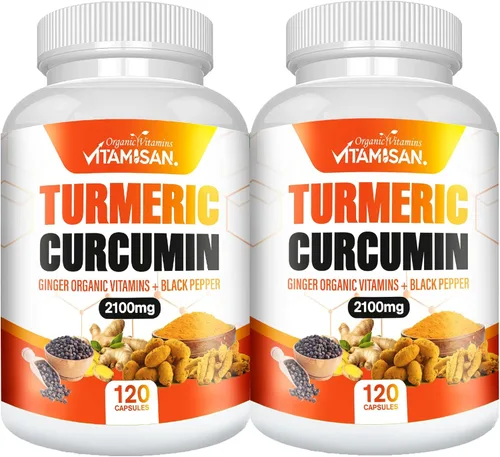 VITAMISAN Curcumina de cúrcuma de 2100 mg con jengibre y pimienta negra, paquete de 2 (120 cápsulas cada uno), suplemento de hierbas para el
