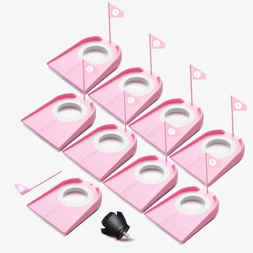 Paquete de 9 tazas de golf con banderas, ayudas de entrenamiento de golf de plástico con recuperador de pelotas de golf, juego de agujeros de Rosado