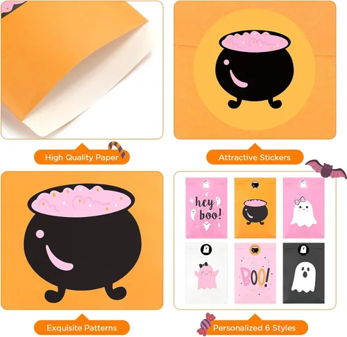 Miniatura 4 de FHzytg 48 bolsas de recuerdo de fiesta de Halloween, bolsas de regalo de dulces fantasmas de Halloween rosas para niñas, decoraciones de cumpleaños