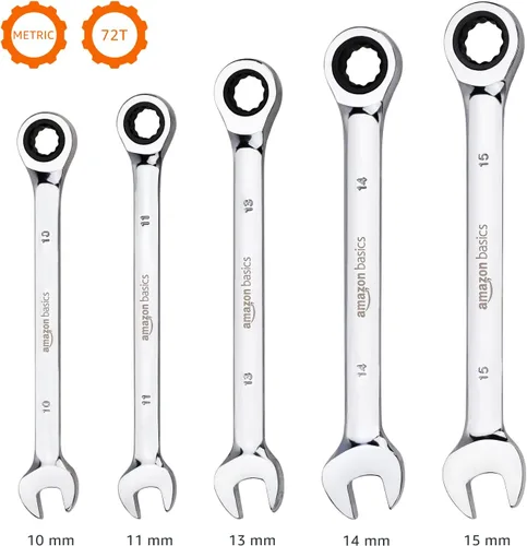 Miniatura 5 de Amazon Basics Juego de llaves de trinquete métricas, 5 piezas, acero al cromo vanadio, 72 dientes, 0.394 in, 0.433 in, 0.512 in, 0.551 in, 0.591 in