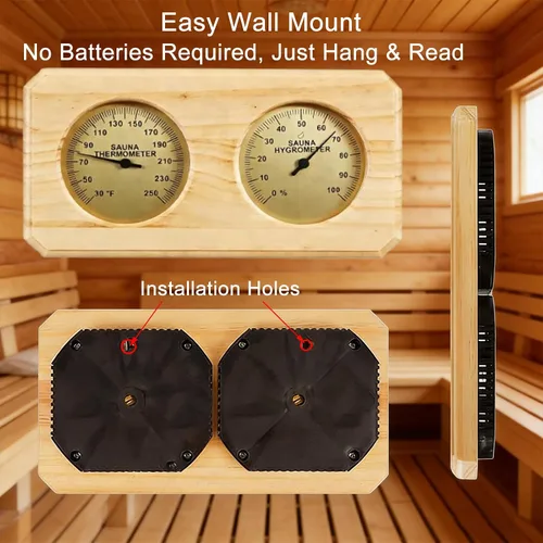 Miniatura 4 de Termómetro higrómetro de sauna, medidor dual de temperatura de sauna de madera, Fahrenheit montado en la pared (30-250°F) y medidor de humedad