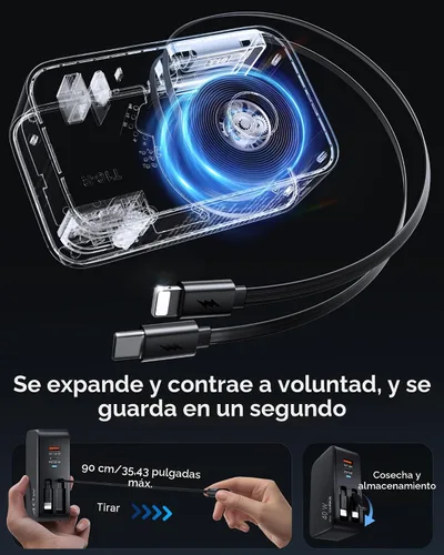 Miniatura 3 de Cargador de pared retráctil 4 en 1 para iPhone 17 USB C, multipuerto de ladrillo esencial de viaje, iluminación de 3 pies + cables tipo C, bloque