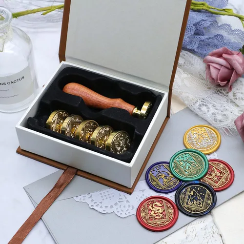 Miniatura 6 de SWANGSA Juego de sellos de cera, 6 cabezales de sello de cera vintage y 1 mango de madera para invitaciones de fiesta de boda, cartas, sobres