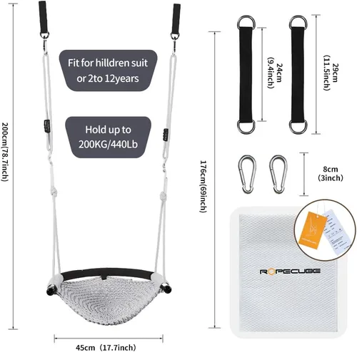 Miniatura 6 de Asiento de columpio para niños pequeños tejido a mano para niños con cuerdas ajustables, juego de columpios Little Tikes, para interiores y Gris