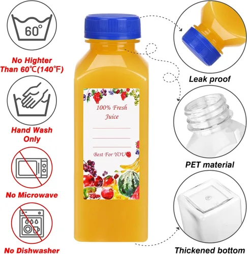 Miniatura 3 de SUPERLELE 10 botellas de plástico para jugo de 12 onzas con 10 tapas negras y 10 tapas azules, recipientes de jugo reutilizables con tapas