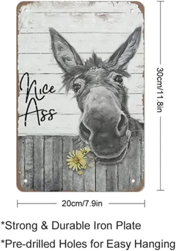 Miniatura 2 de QHOVPA Letreros de metal vintage con diseño de burro, divertido letrero de baño para baño, ilustración de pared con texto en inglés "Nice Ass