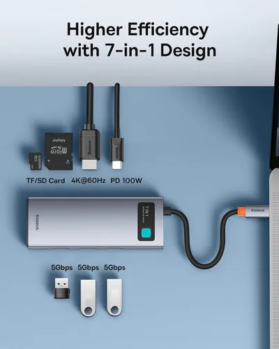 Miniatura 2 de Baseus Adaptador USB C a HDMI, estación de acoplamiento USB C 4K a 60Hz, concentrador USB C 7 en 1 con 3 USB-A, PD 100W, lector de tarjetas TF/SD