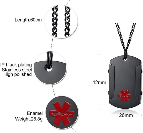 Miniatura 112 de VNOX Collar con colgante personalizado de acero inoxidable con grabado personalizado para identificación de alerta médica de emergencia para hombres