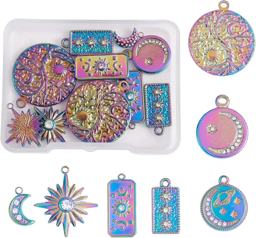 Miniatura 10 de 14 dijes de estrella de luna 304 de acero inoxidable con diamantes de imitación colgantes para manualidades, joyas, collares, aretes, suministros