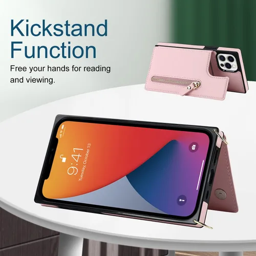 Miniatura 5 de Funda cruzada para teléfono iPhone 12 / iPhone 12 Pro de cuero con tarjetero, funda protectora extraíble y ajustable con botón compatible con iPhone
