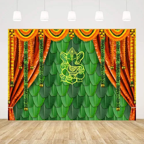 Ticuenicoa Fondo de fotografía tradicional India Pooja de 7 x 5 pies, diseño de hojas de plátano, fondo verde de Chatiya Ganesh, fondos de Puja