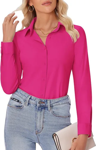 Miniatura 21 de siliteelon Camisas con botones para mujer, ajustadas, de manga larga, elásticas, de vestir, camisas de trabajo, sin arrugas, blusas de oficina