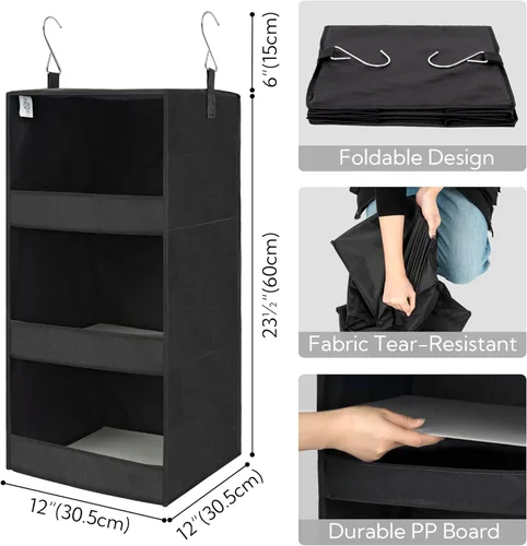 Miniatura 3 de GRANNY SAYS Organizador de armario colgante de 3 estantes, estantes plegables para colgar, organizador para guardería, negro, 28.9" de alto x 12.2