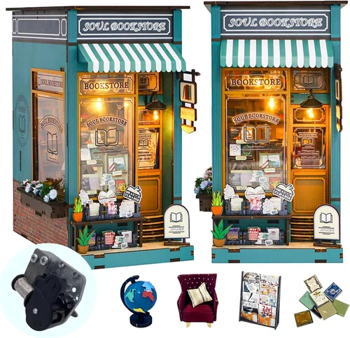 Kit de manualidades para rincón de lectura con caja de música, casa de muñecas de madera con rompecabezas 3D y luz led, kit de casa en miniatura con