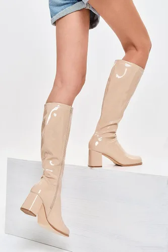 Miniatura 4 de Coutgo Botas altas Gogo para mujer, punta cuadrada, tacón grueso, charol y cremallera sobre la rodilla