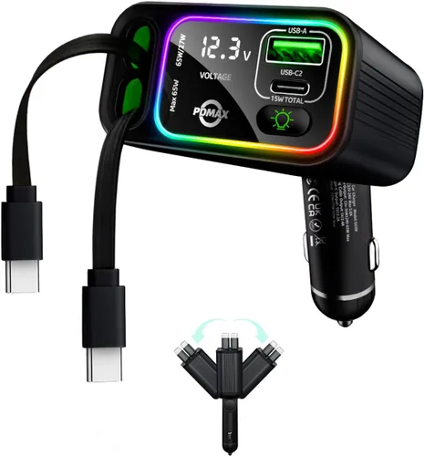 Cargador de coche retráctil USB C, cargador de coche tipo C de 145 W, carga rápida con cable USB C retráctil dual y puertos USB para iPhone