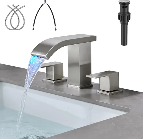 Grifos de baño generalizados con luz LED para fregadero de 3 agujeros, cascada - Grifo de baño con ensamblaje de drenaje emergente, grifo de